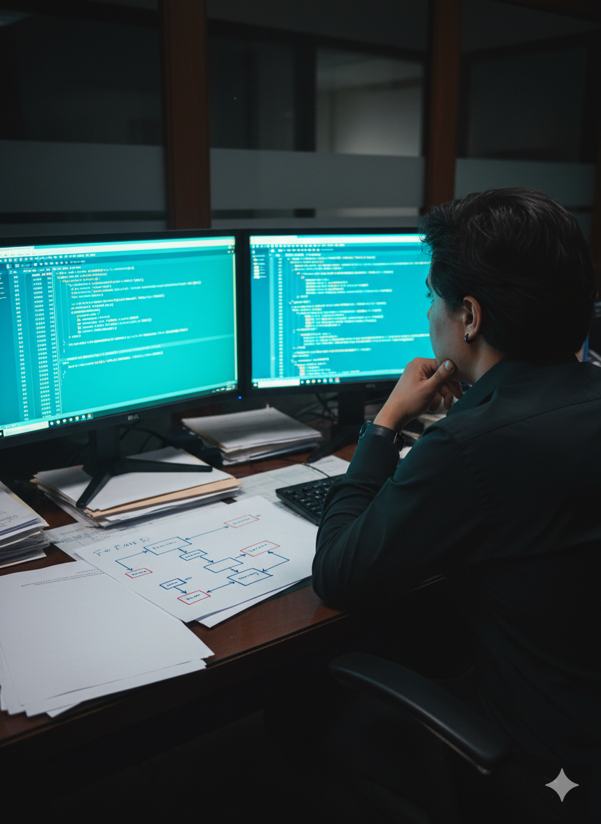 Fundador de Aurys analizando datos para un sistema de IA estratégico.